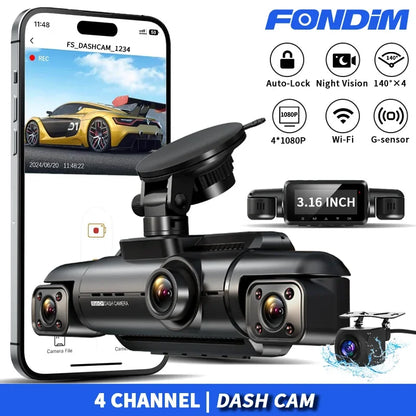 Câmera Veicular FONDIM A99 FHD 1080P 4 Canais para Carro DVR Gravador de Vídeo Automático 360° com Visão Noturna e Suporte WiFi até 256GB - IA De Ofertas 